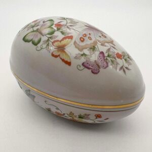 Vintage Avon 1974 Porcelain Egg Trinket Box Butterfly Floral 22K Gold Trim
